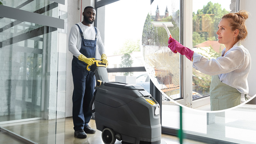 technicien de surface utilisant une laveuse de sol et aide ménagère qui nettoie les vitres 