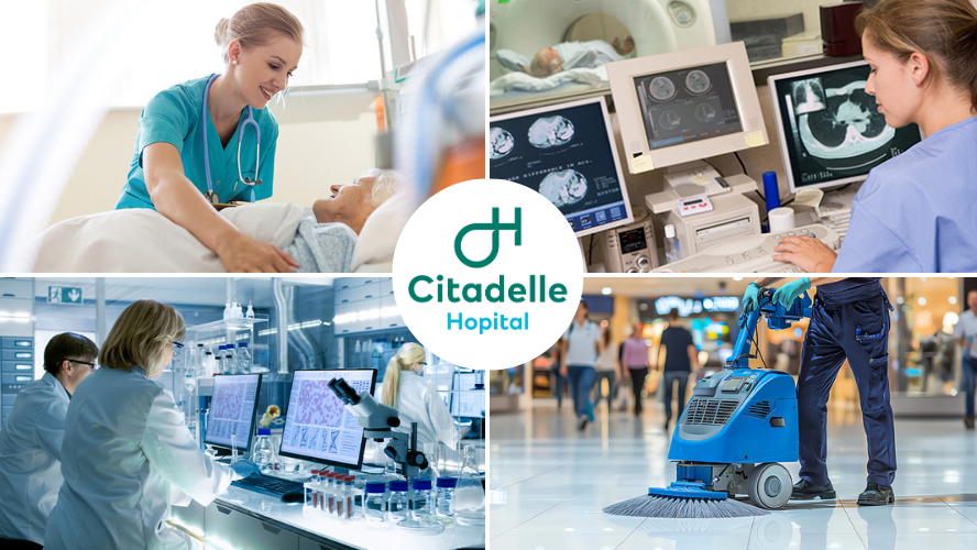 montage de 4 photos pour illustrer 4 métiers différents de l'hôpital